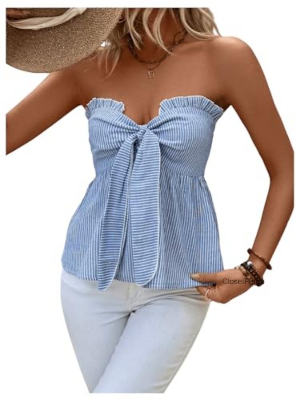 Striped Strapless Tube Bandeau Tie Front Bow Peplum Top